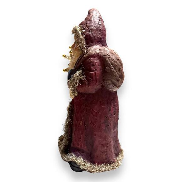 Retro Old World Style Santa Clause Figurine with VTG Tinsel & Tree Mixed Media - Picture 3 of 10
